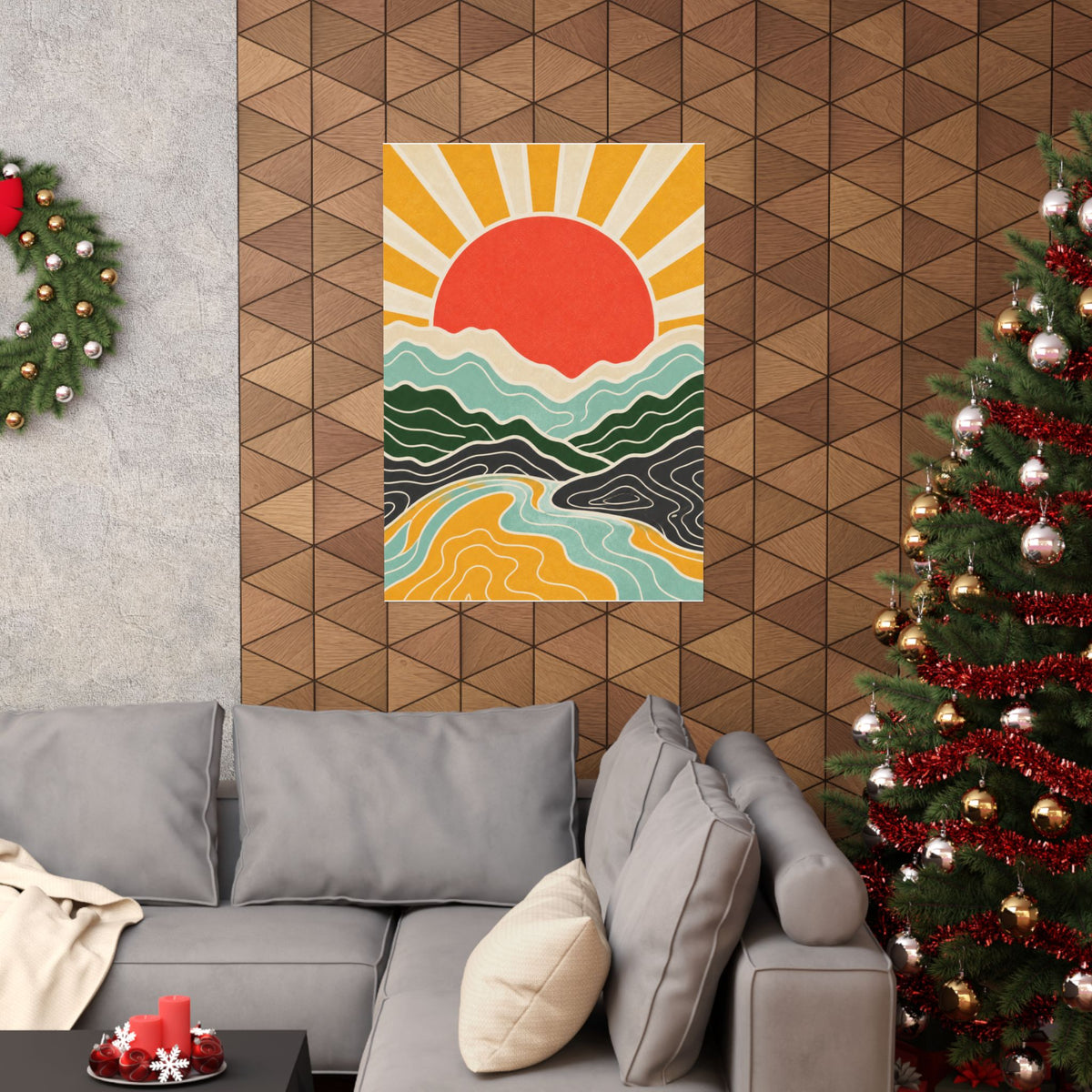 Topographic Sunrise Mid Century Mountain Art Poster