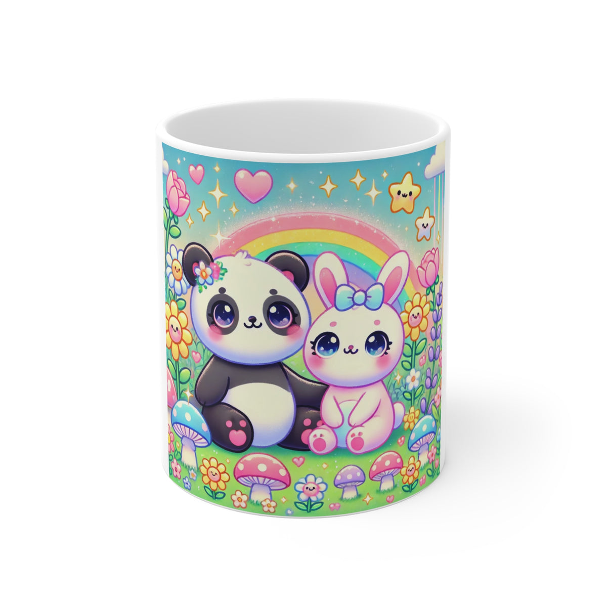 Pastel Panda and Bunny Rainbow Garden Coffee Mug