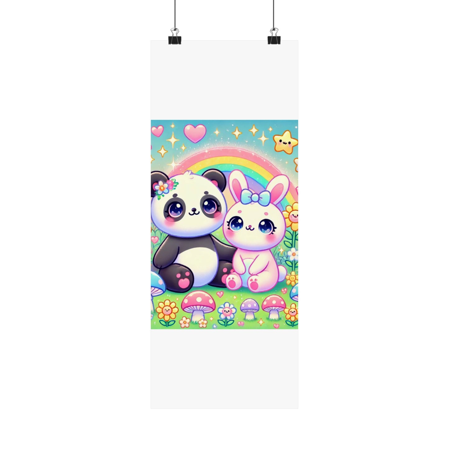 Pastel Panda and Bunny Rainbow Garden Wall Art Poster