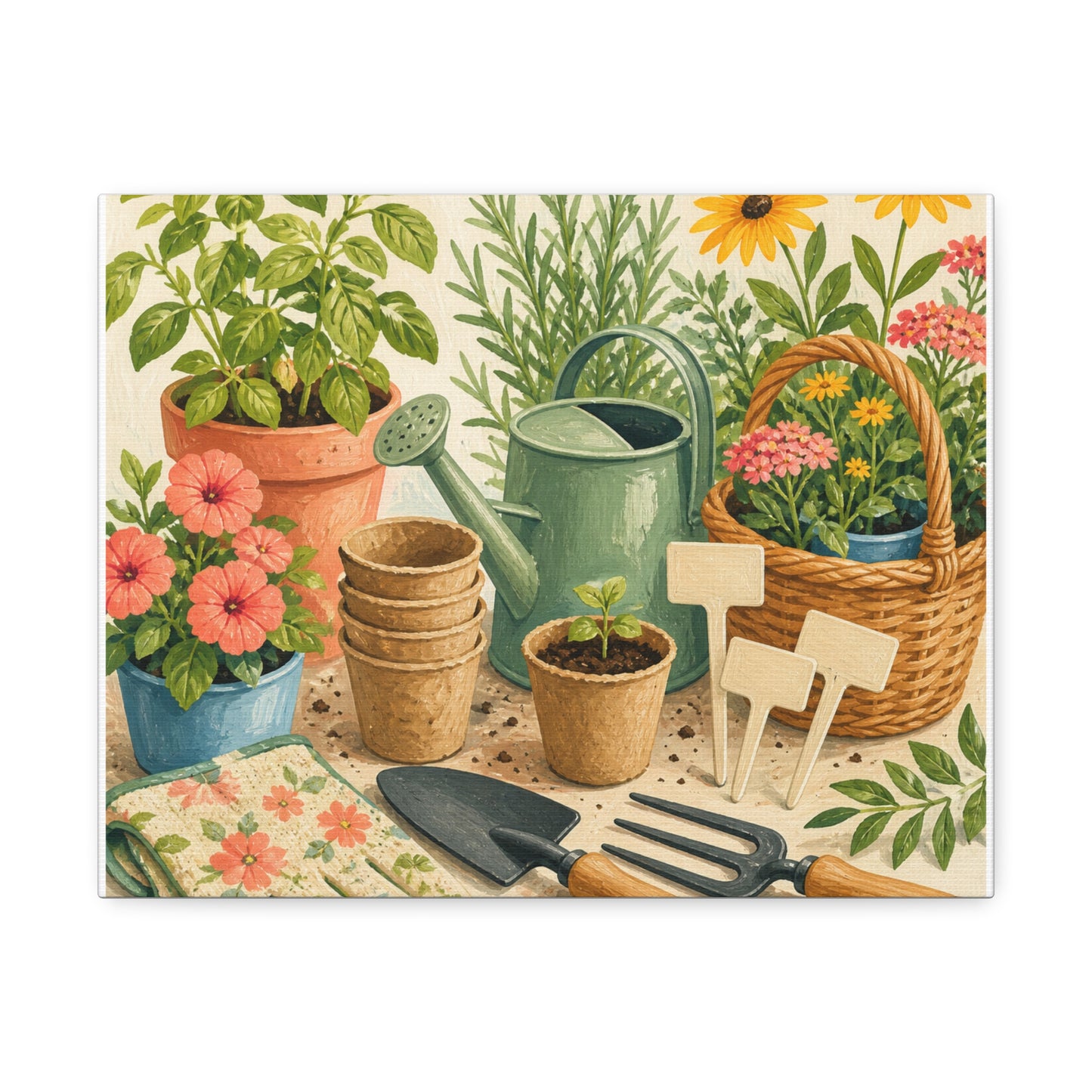 Colorful Gardening Tools and Flowers Canvas Art