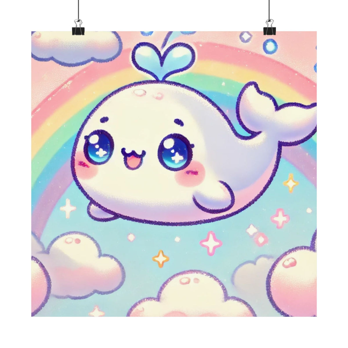 Kawaii Rainbow Whale Pastel Cloud Wall Art Poster