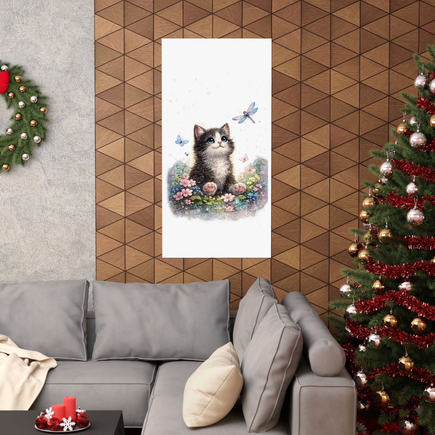 Whimsical Kitten Butterfly Garden Art Poster