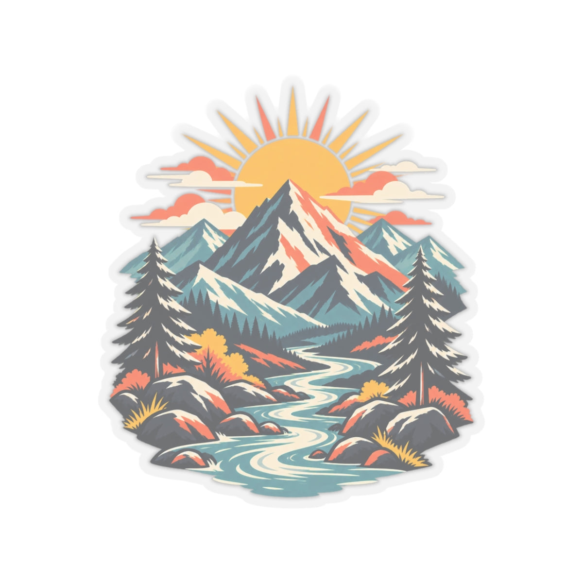 Alpine Sunrise River Mountain Adventure Art Sticker