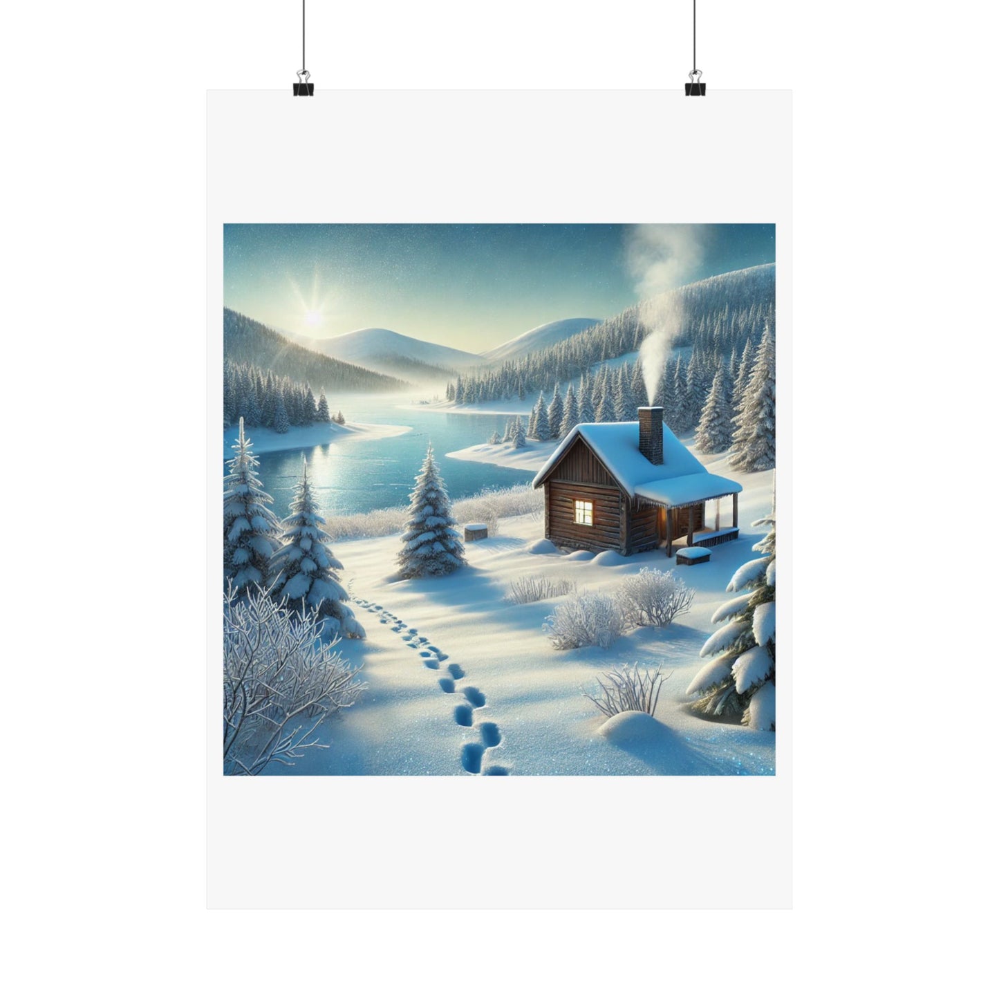 Snowy Cabin Winter Lake Landscape Art Poster