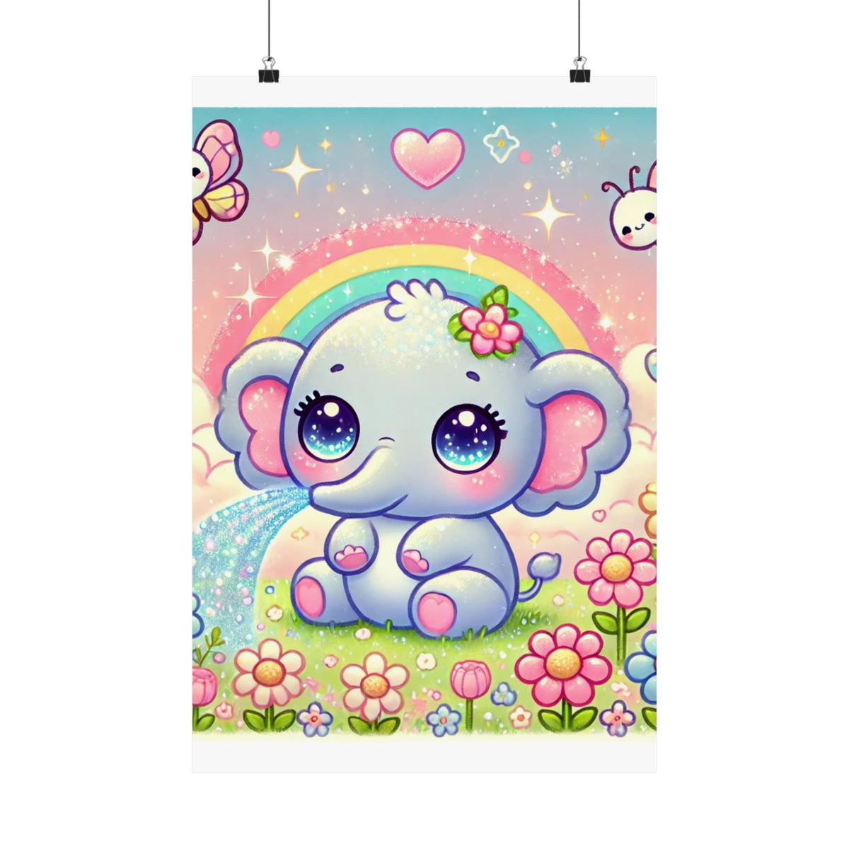 Pastel Rainbow Baby Elephant Floral Wall Art Poster