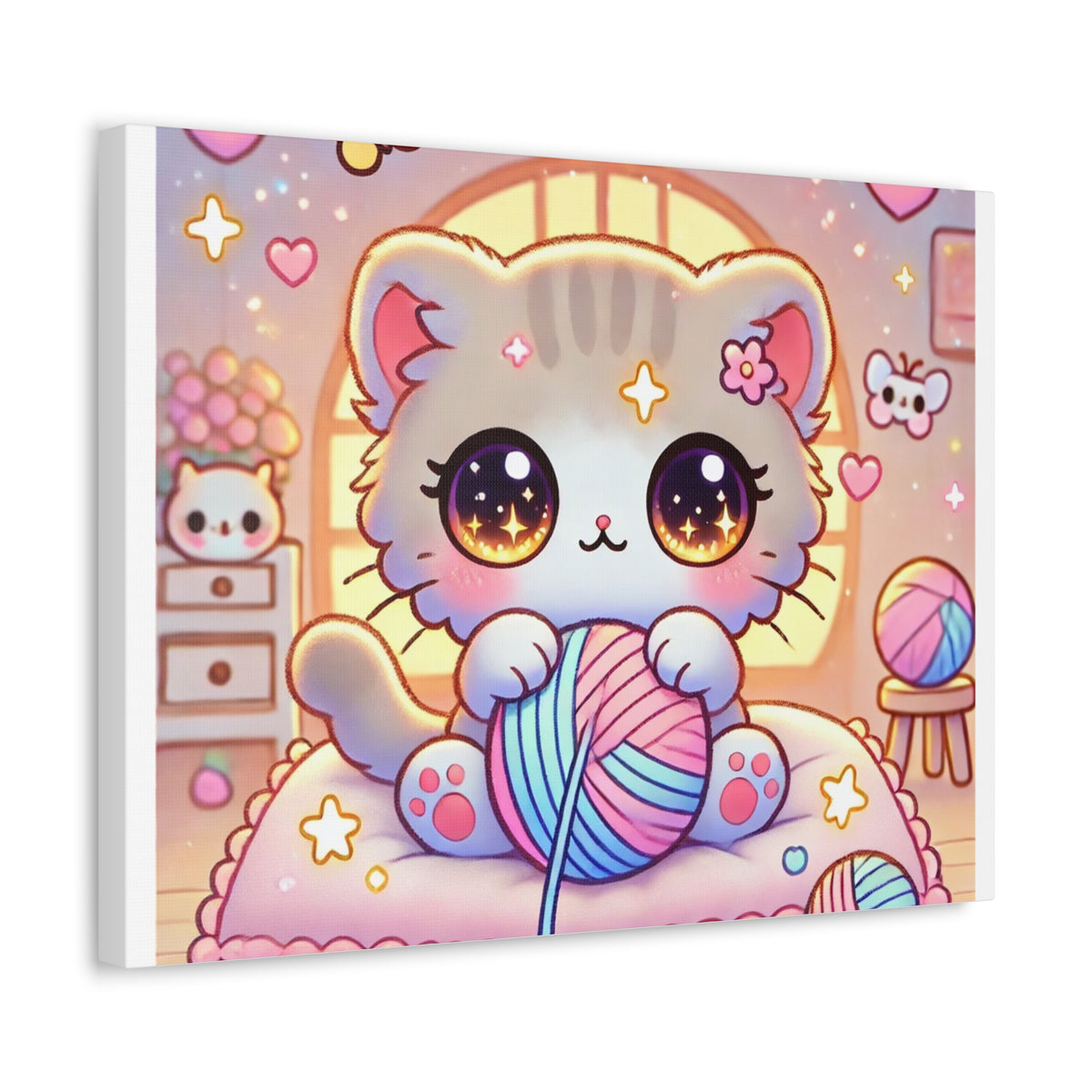 Cozy Kawaii Knitting Cat Pastel Yarn Canvas Wall Art