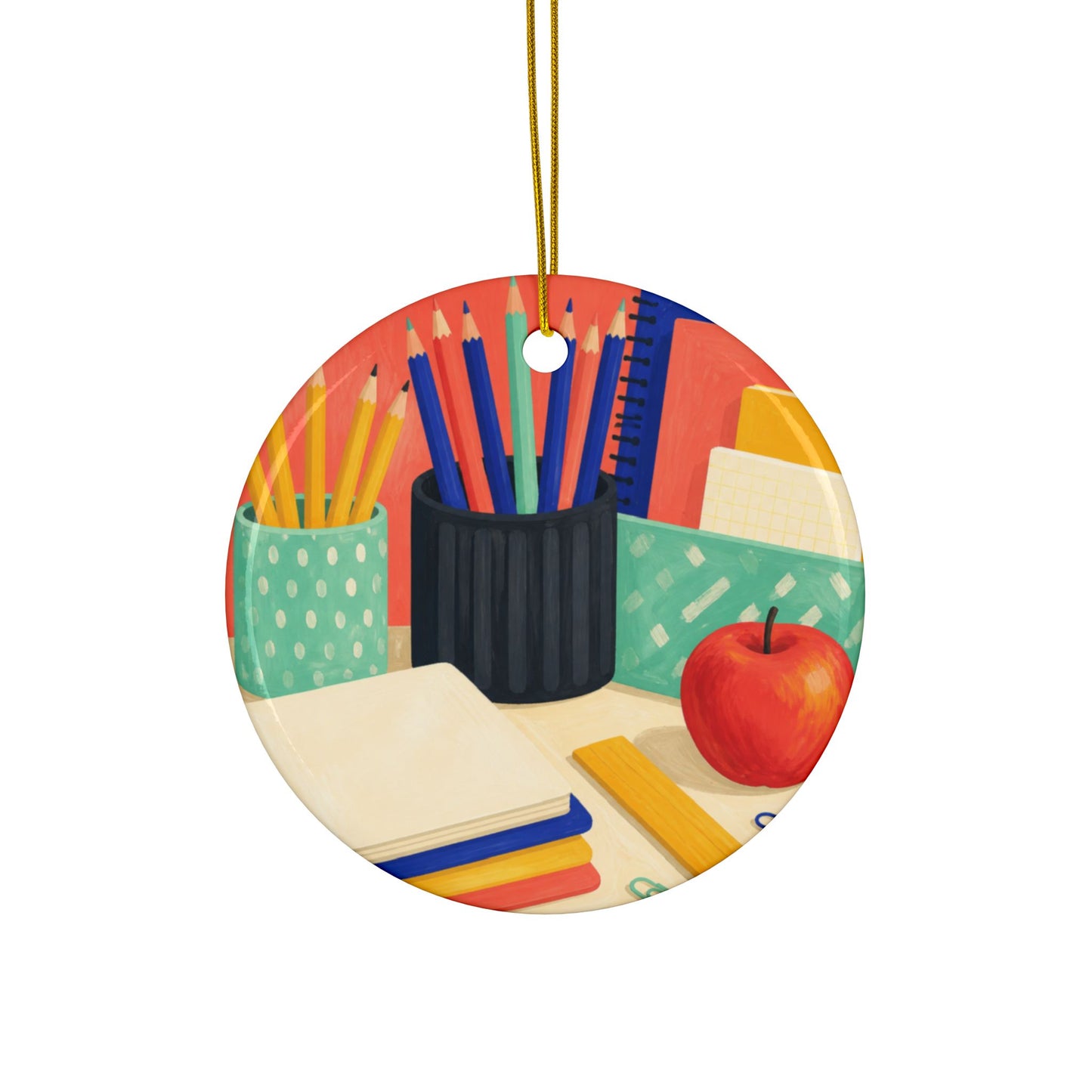 Colorful Teacher Desk Supplies Art Ceramic Ornament, Holiday Keepsake and Gift