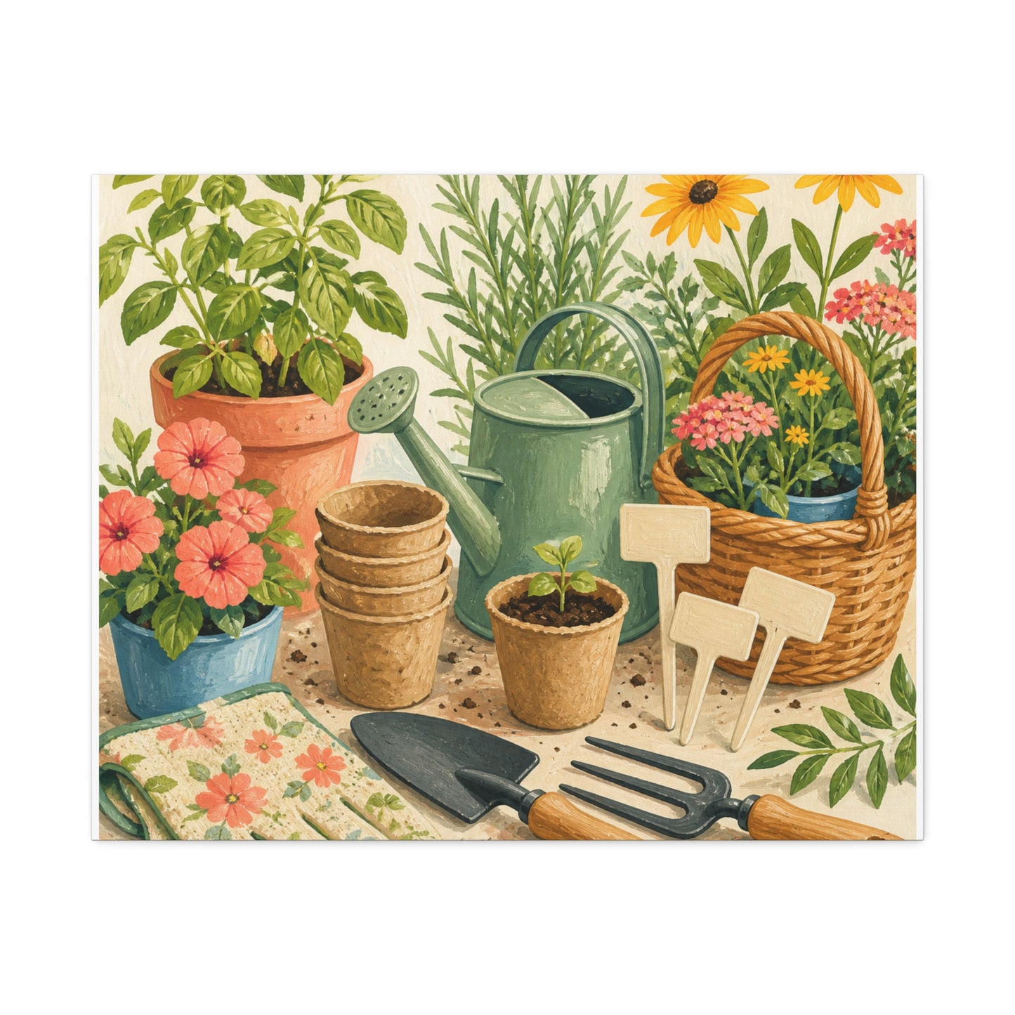Colorful Gardening Tools and Flowers Canvas Art