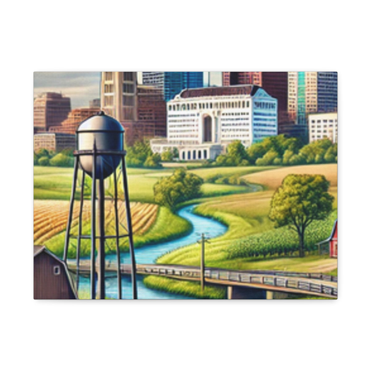 Rural River City Skyline Hometown Landscape Canvas Wall Art