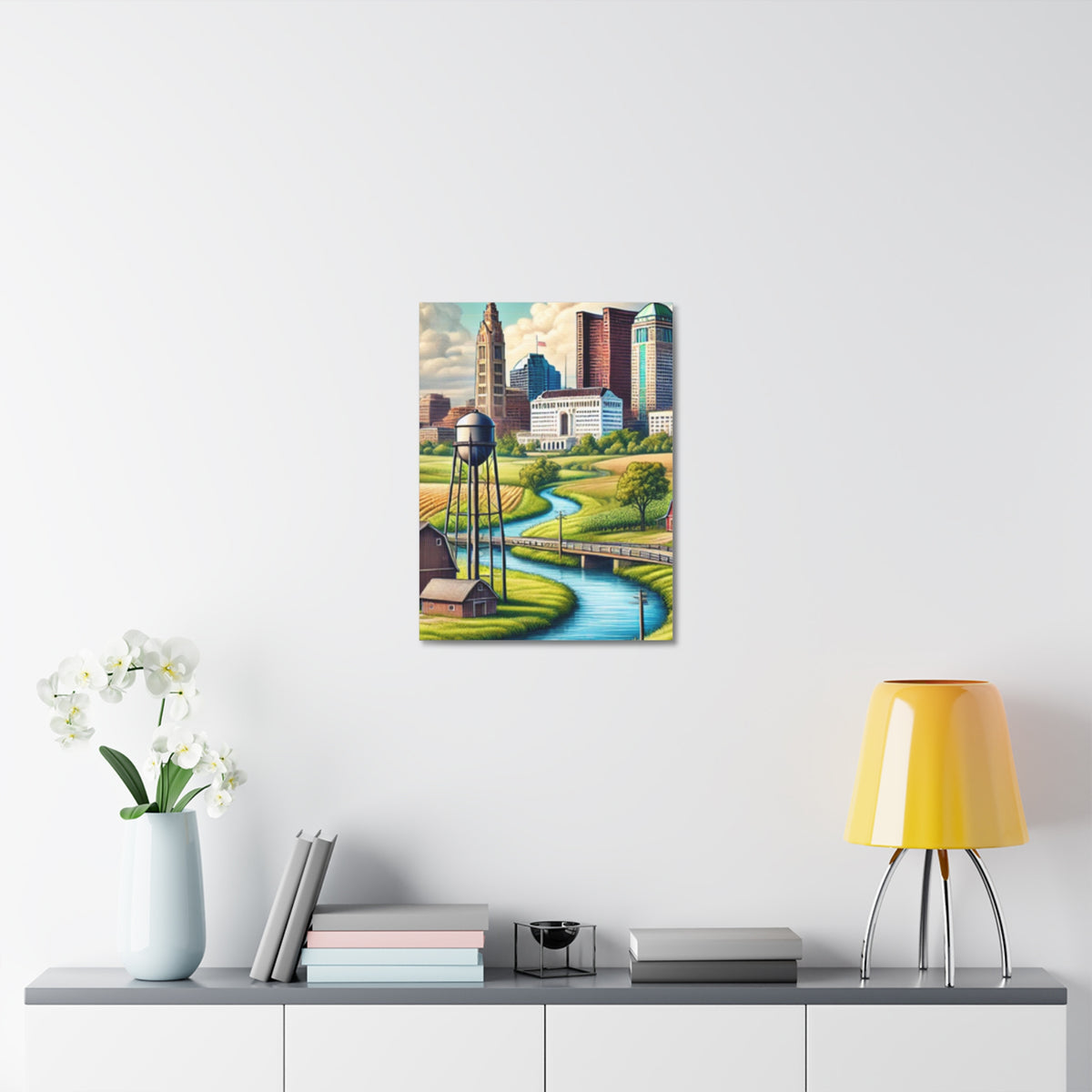 Rural River City Skyline Hometown Landscape Canvas Wall Art