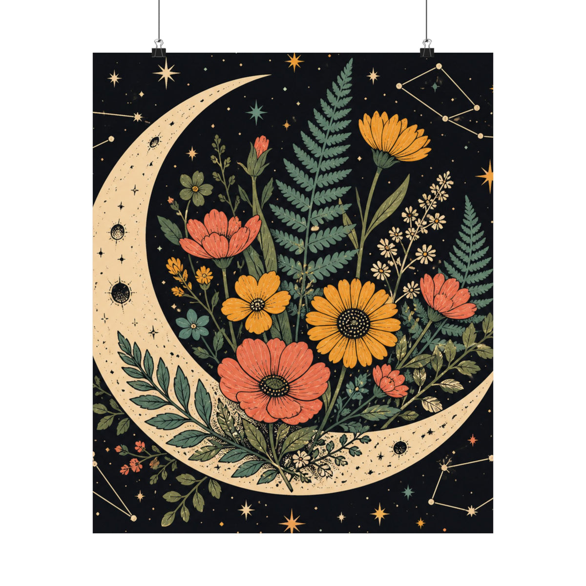 Celestial Wildflower Crescent Moon Botanical Art Poster