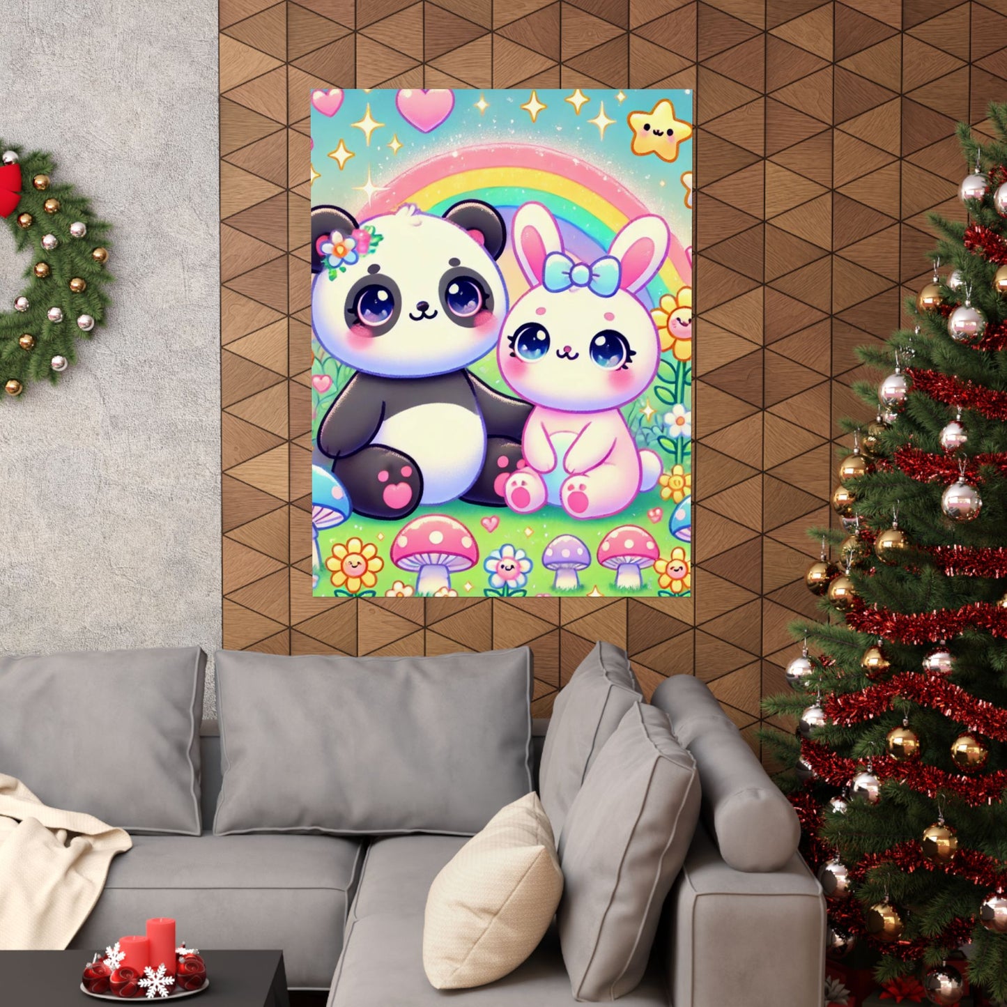 Pastel Panda and Bunny Rainbow Garden Wall Art Poster