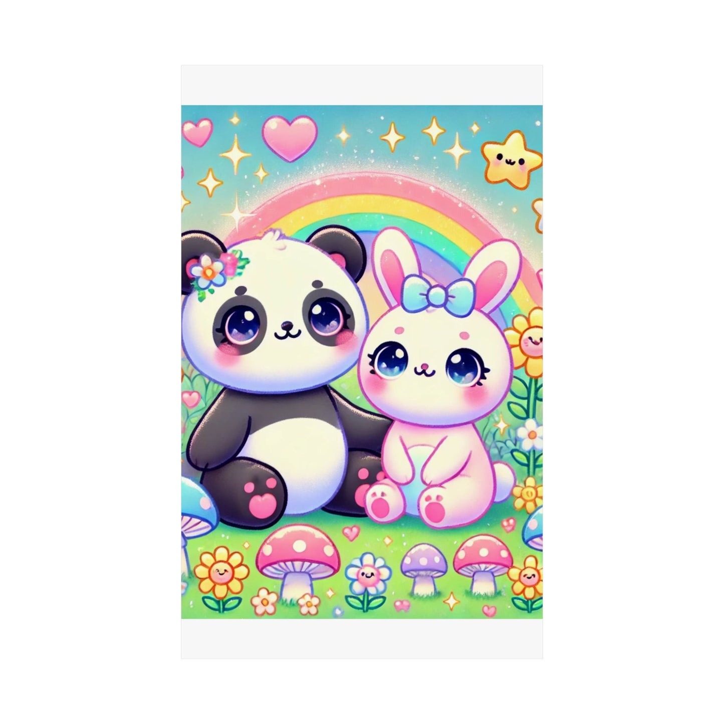 Pastel Panda and Bunny Rainbow Garden Wall Art Poster