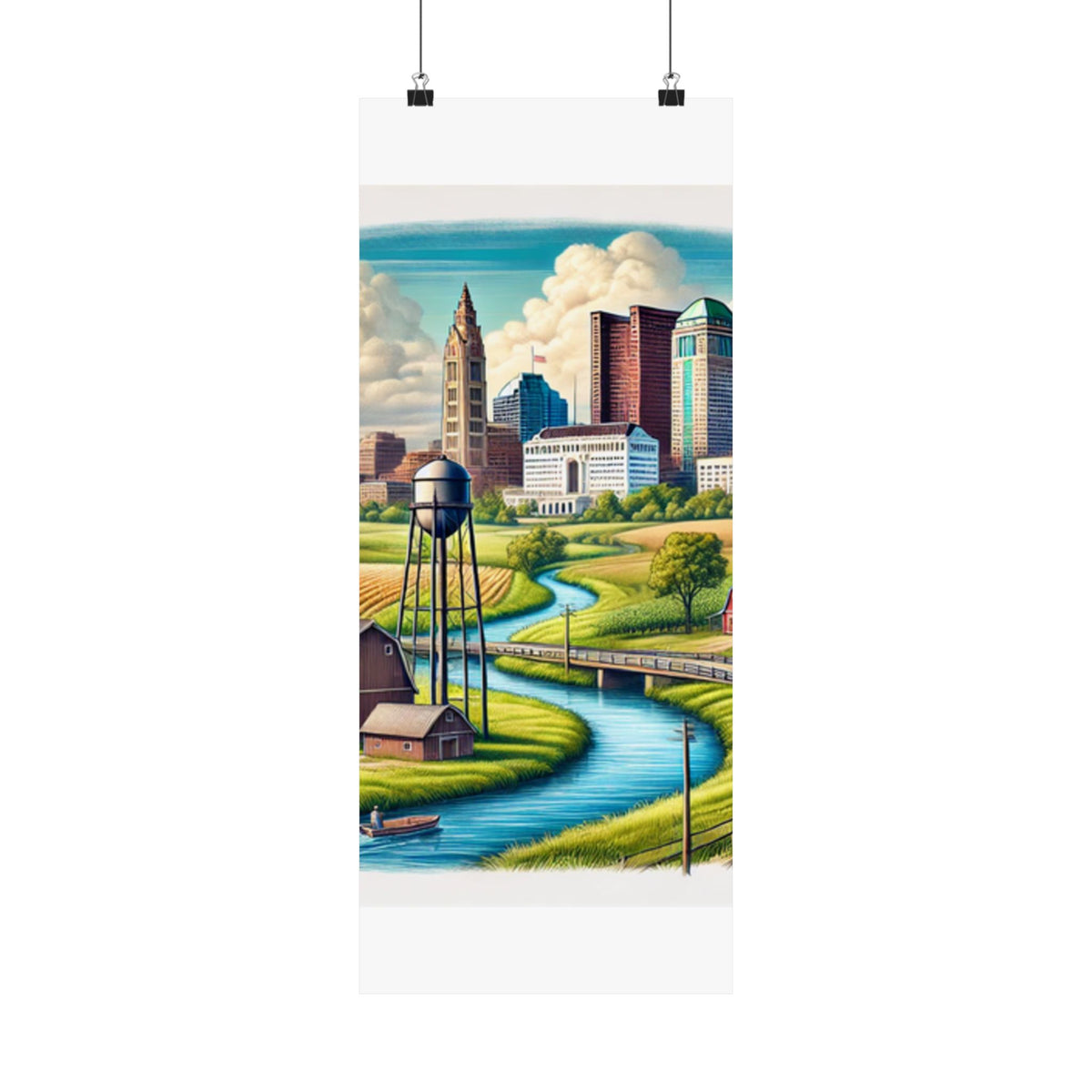Rural River City Skyline Hometown Landscape Poster Art