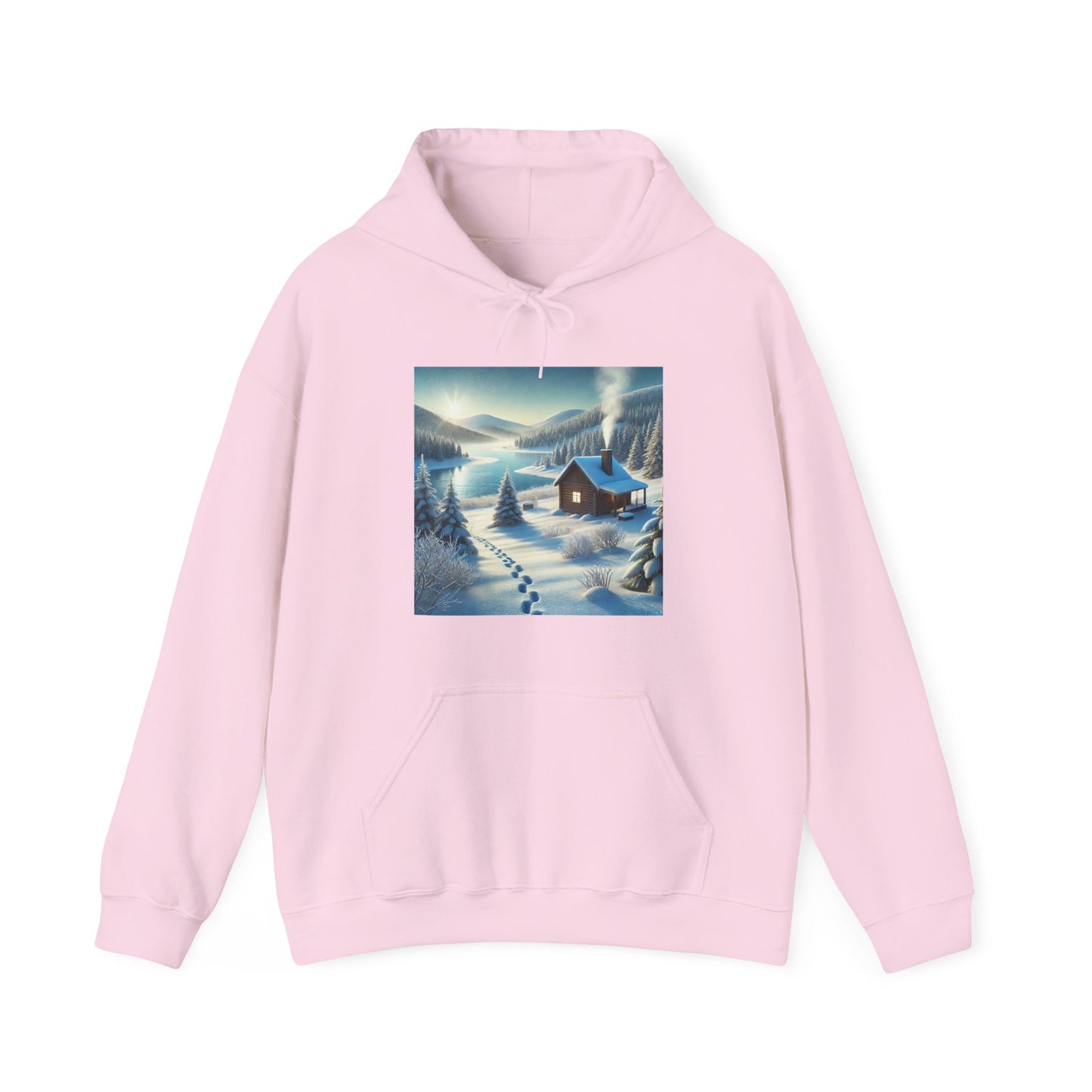 Snowy Cabin Winter Lake Landscape Art Hoodie
