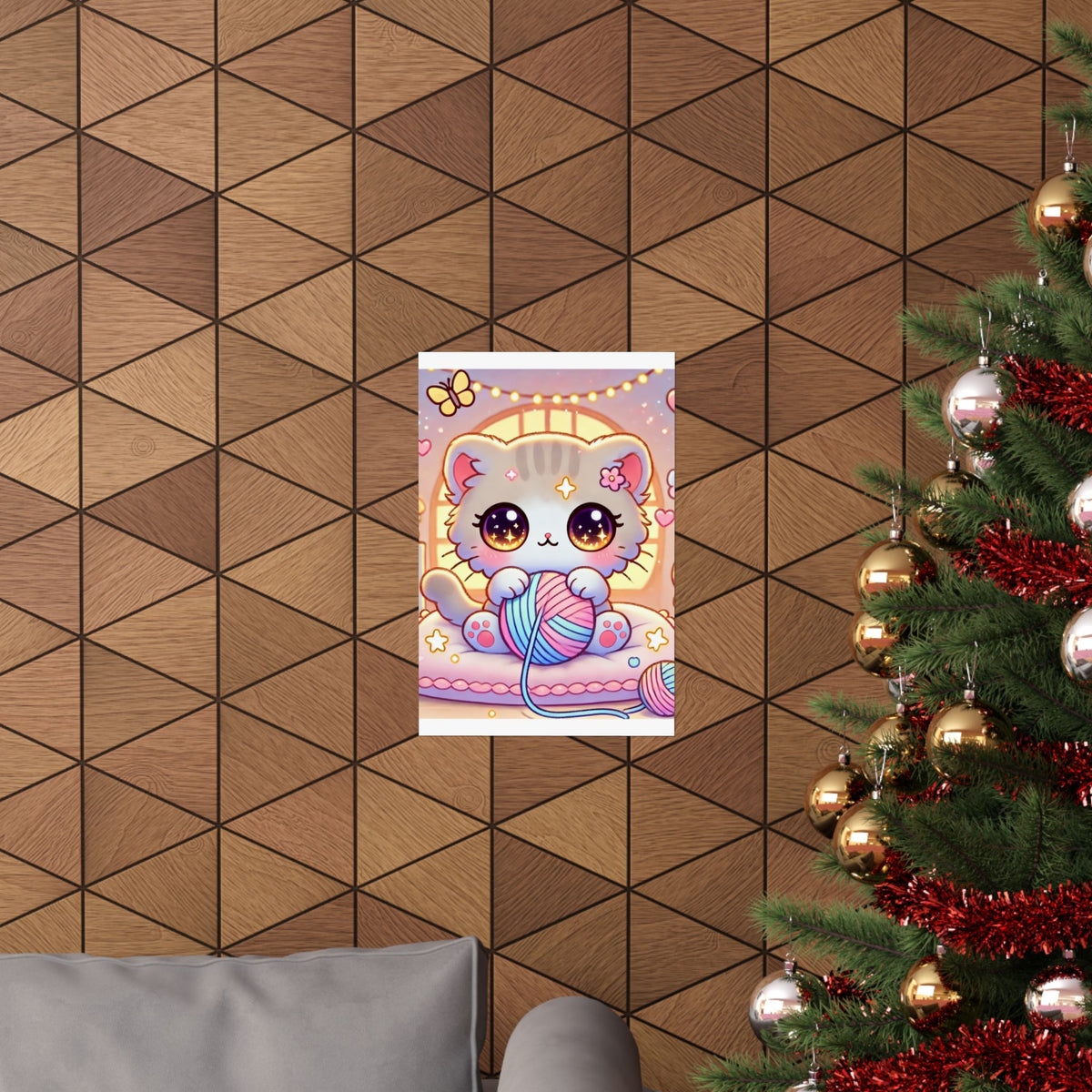 Cozy Kawaii Knitting Cat Pastel Yarn Wall Art Poster