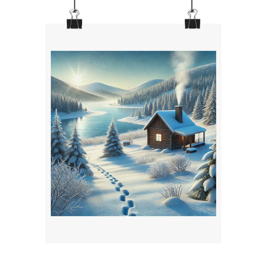 Snowy Cabin Winter Lake Landscape Art Poster