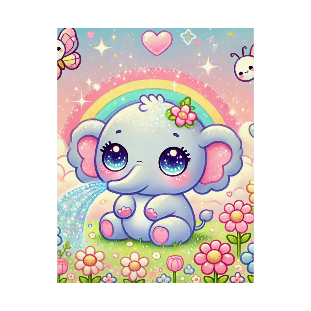 Pastel Rainbow Baby Elephant Floral Wall Art Poster