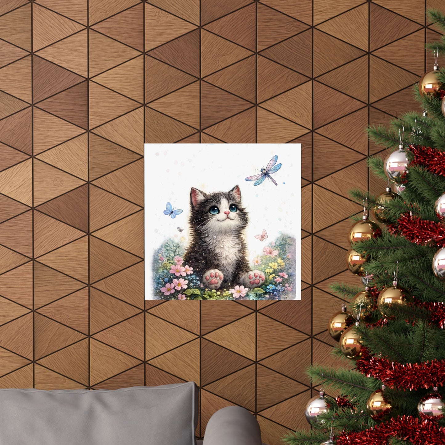 Whimsical Kitten Butterfly Garden Art Poster