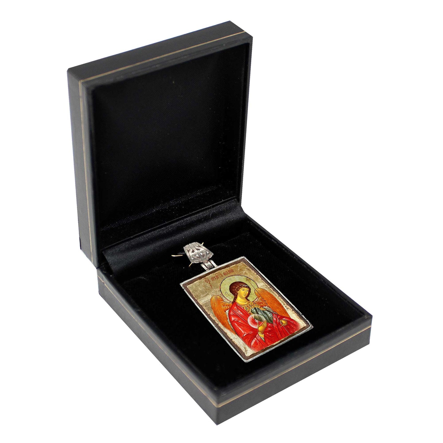 Saint Michael Religious Jewelry Silver Plated Necklace, Gold-Plated Wooden Cabochon - Christian Sacred Icon - Inspirational Icon Decor - 43027R