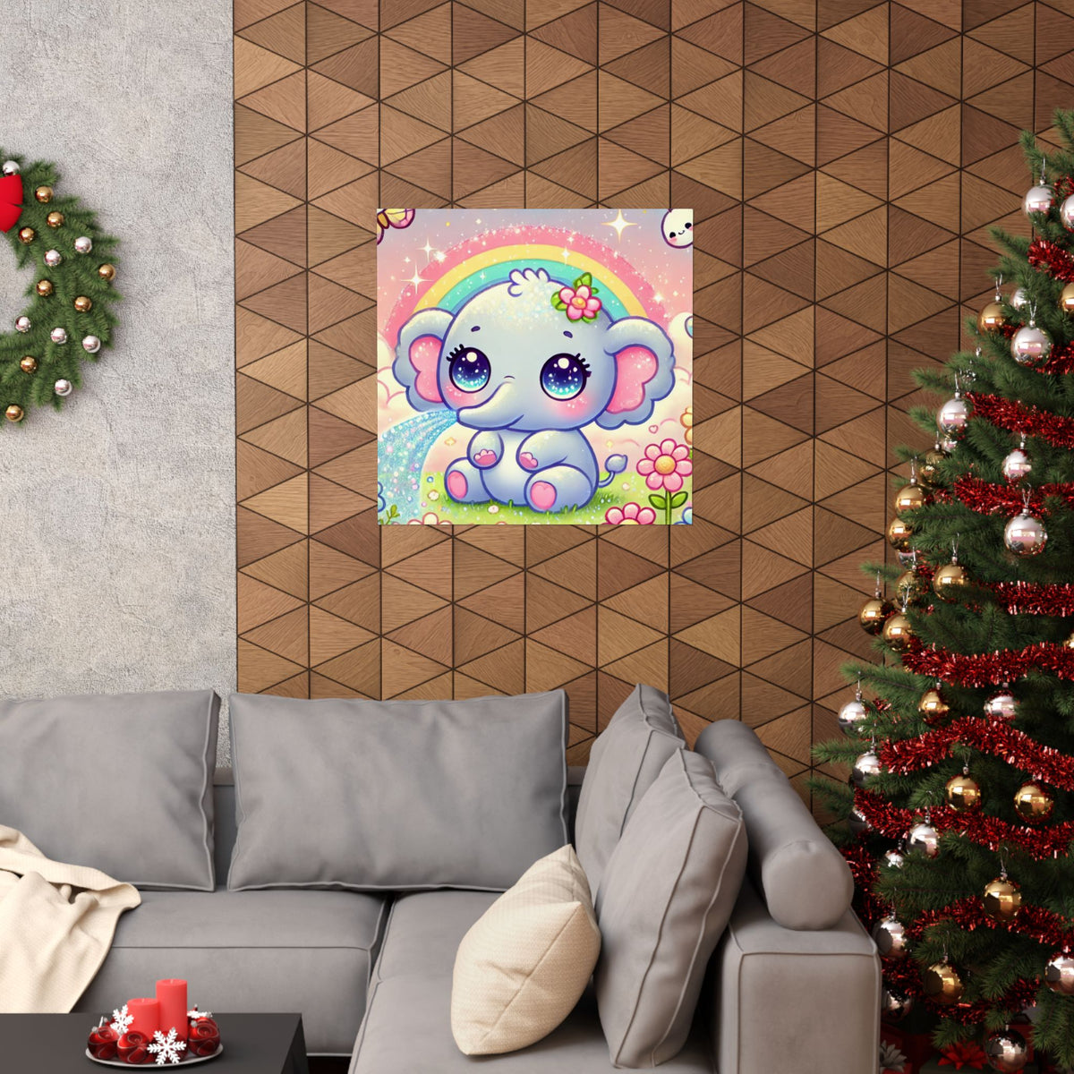 Pastel Rainbow Baby Elephant Floral Wall Art Poster