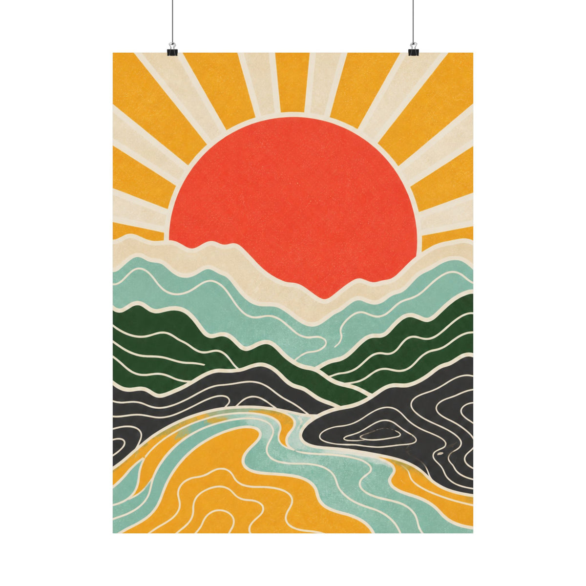 Topographic Sunrise Mid Century Mountain Art Poster