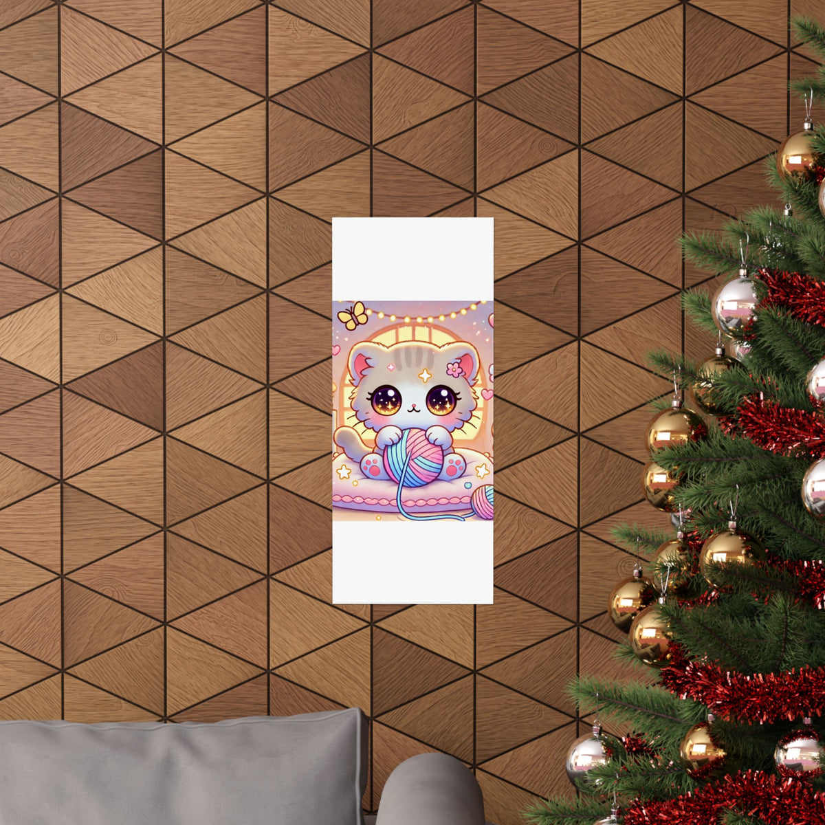 Cozy Kawaii Knitting Cat Pastel Yarn Wall Art Poster