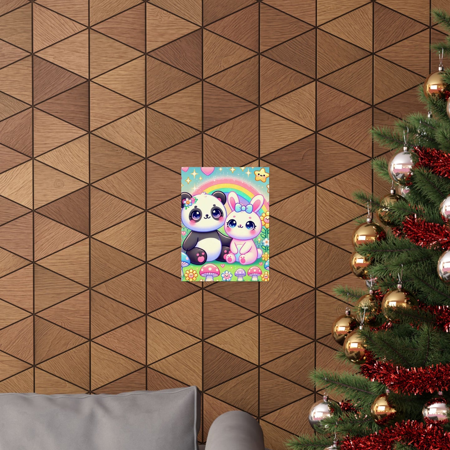 Pastel Panda and Bunny Rainbow Garden Wall Art Poster