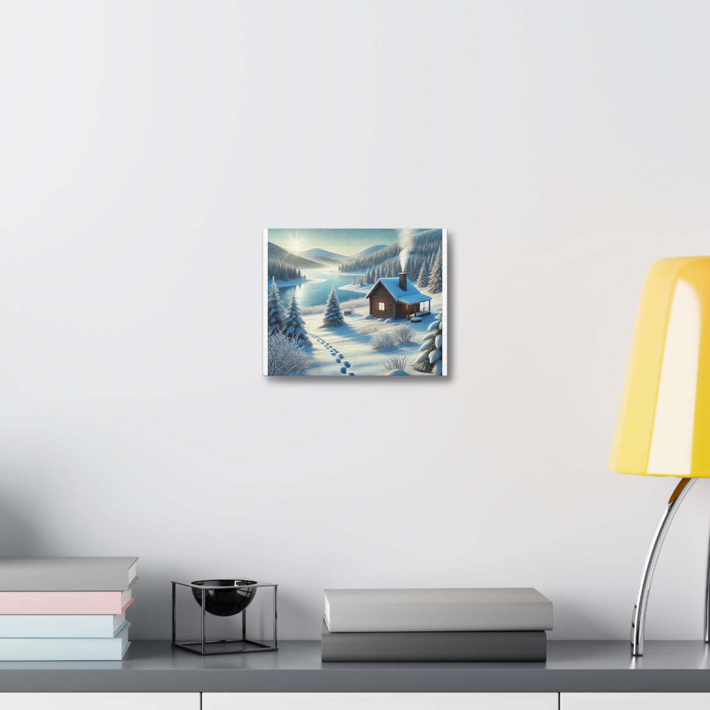 Snowy Cabin Winter Lake Landscape Art Canvas