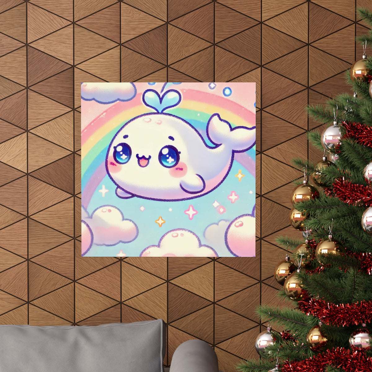Kawaii Rainbow Whale Pastel Cloud Wall Art Poster