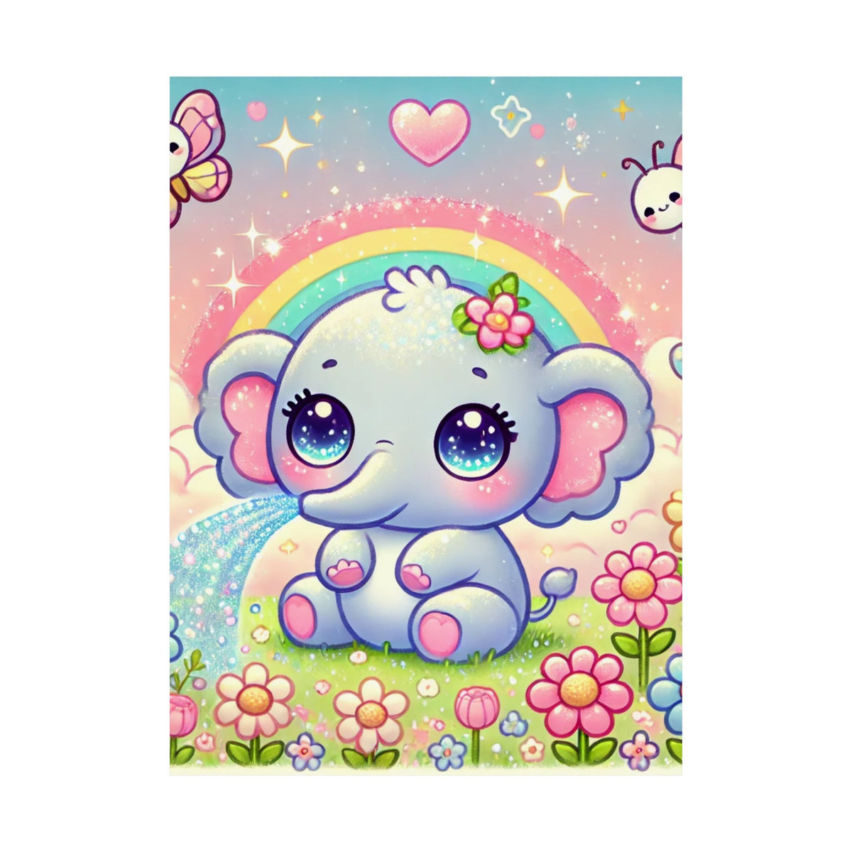 Pastel Rainbow Baby Elephant Floral Wall Art Poster