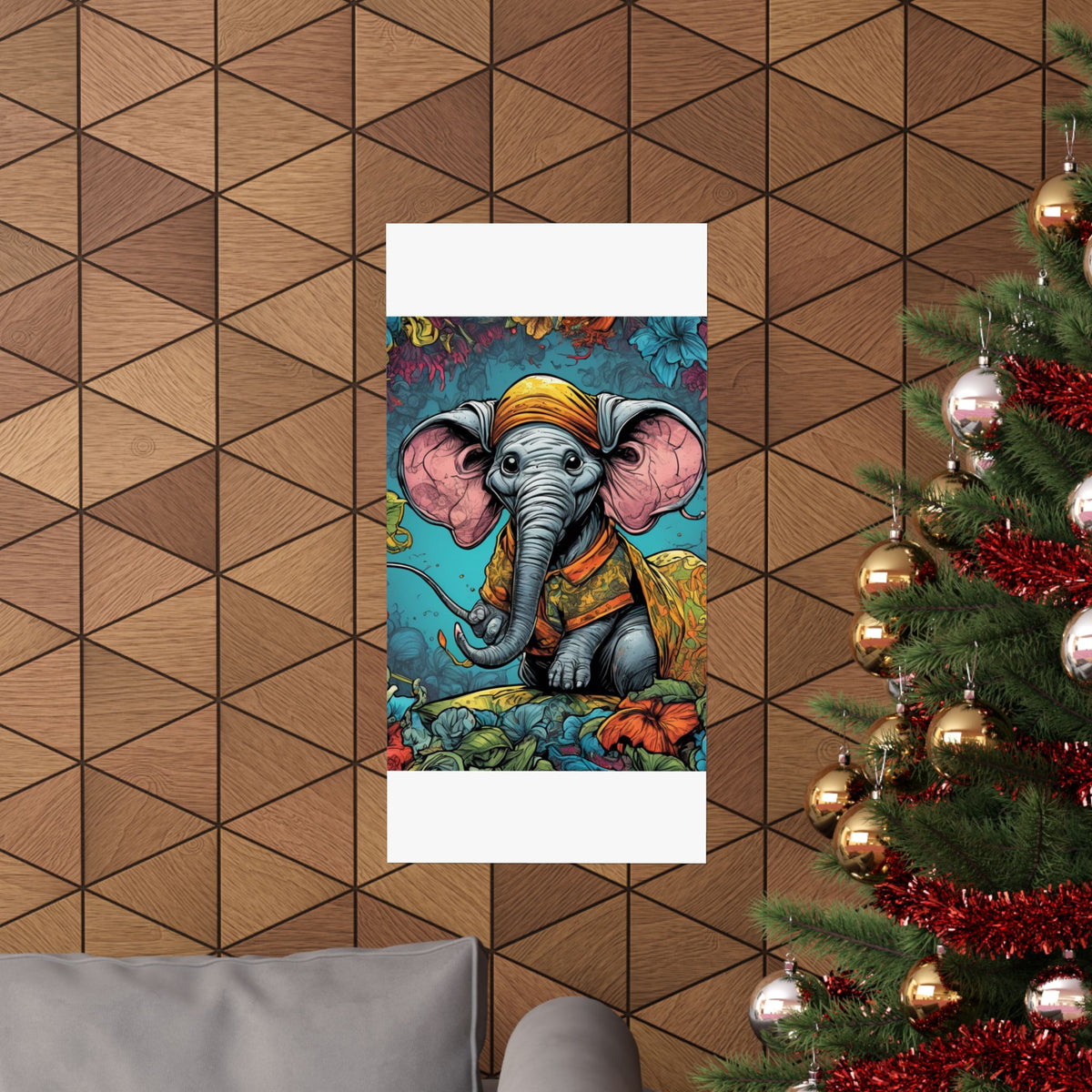 Colorful Storybook Elephant Floral Garden Wall Art Poster