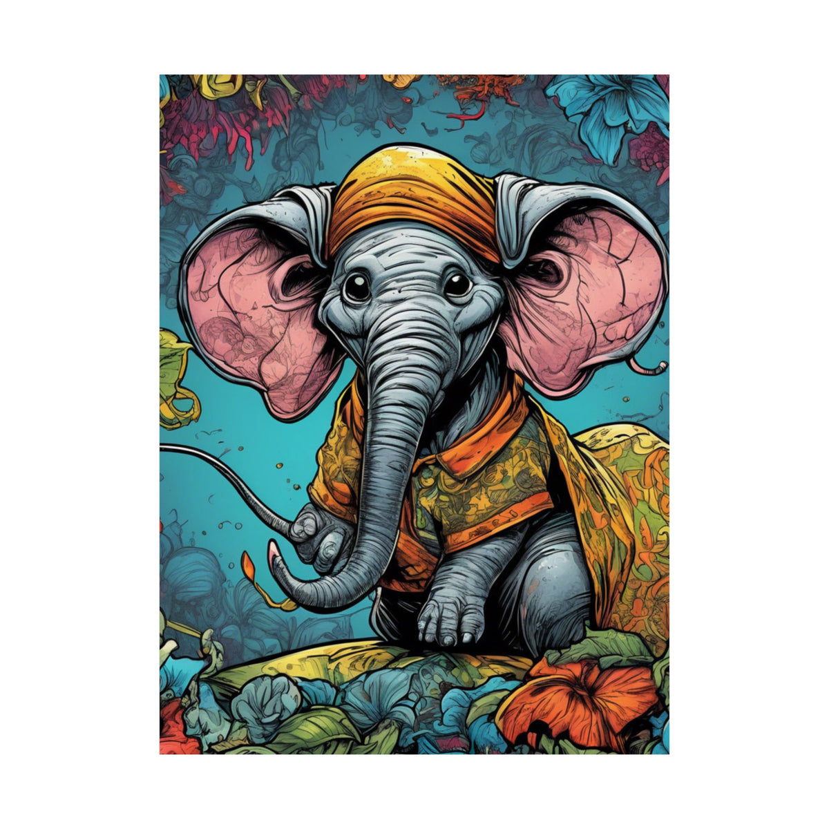 Colorful Storybook Elephant Floral Garden Wall Art Poster