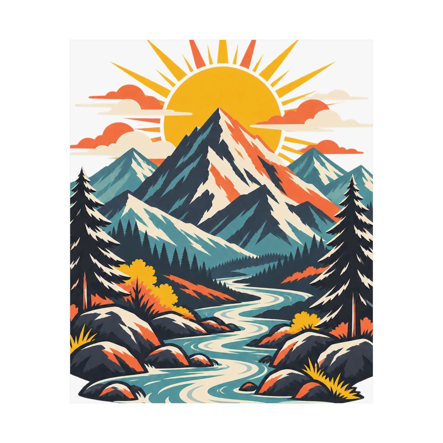 Alpine Sunrise River Mountain Adventure Art Poster