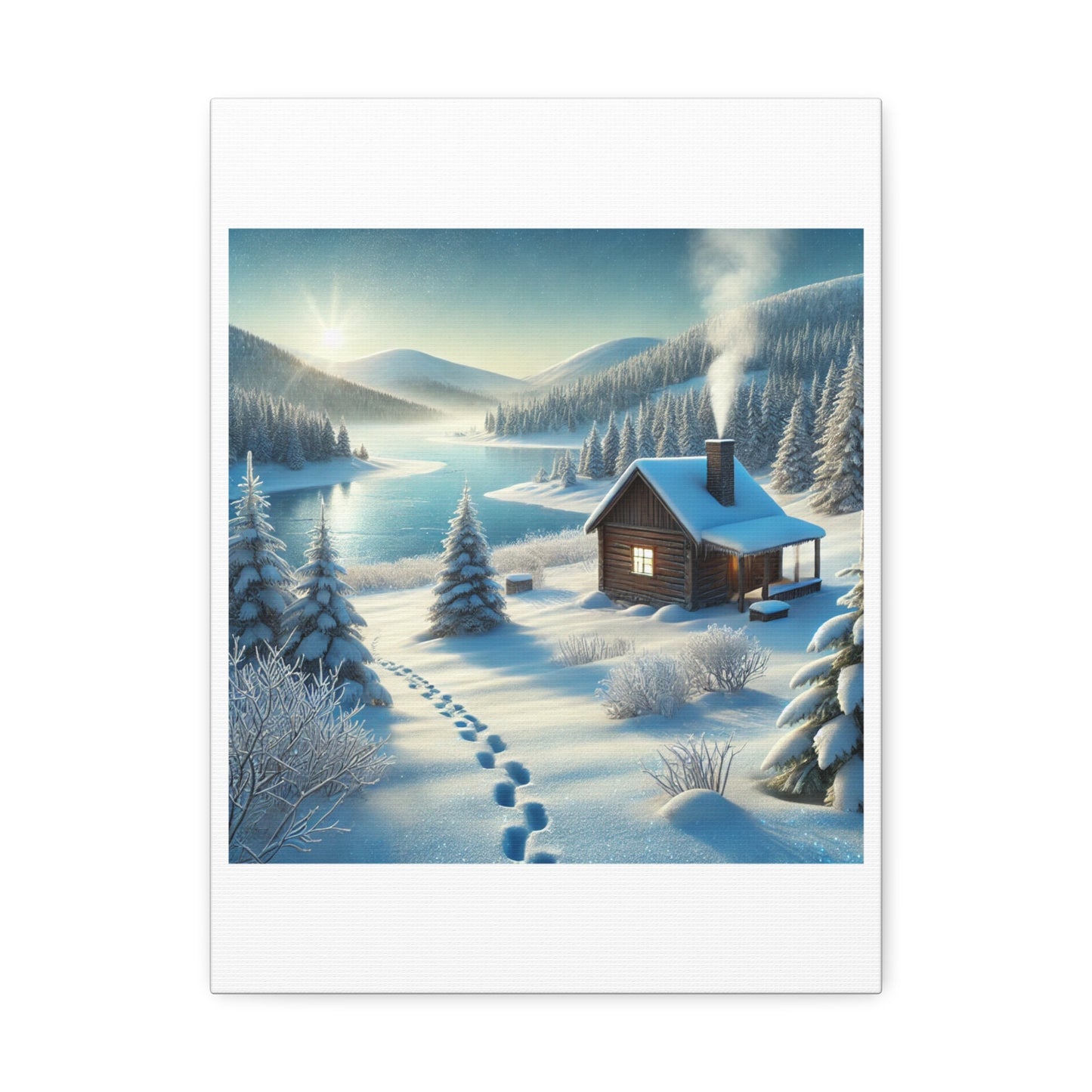 Snowy Cabin Winter Lake Landscape Art Canvas