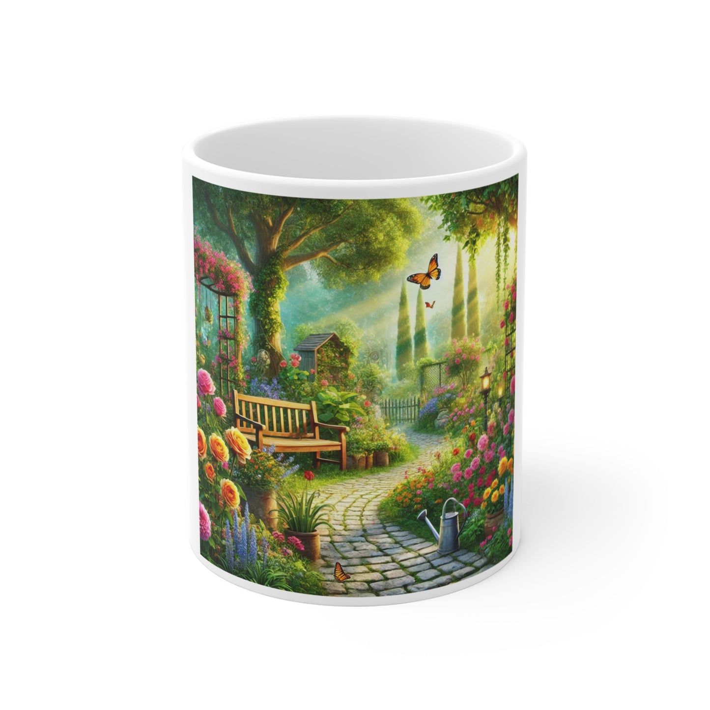 Sunlit Spring Flower Garden Bench Coffee Mug