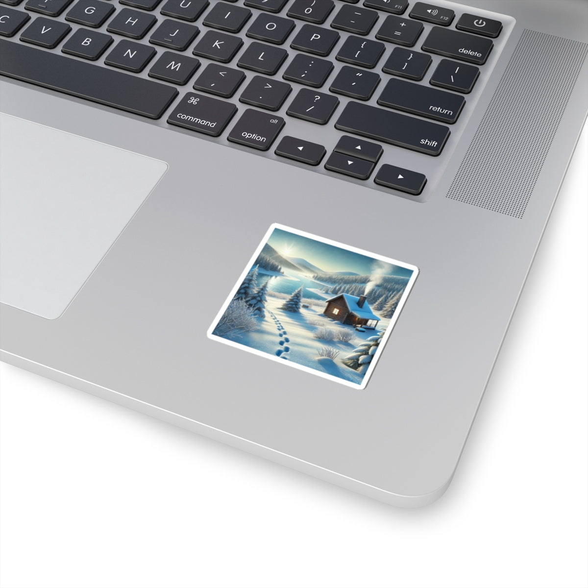 Snowy Cabin Winter Lake Landscape Art Sticker
