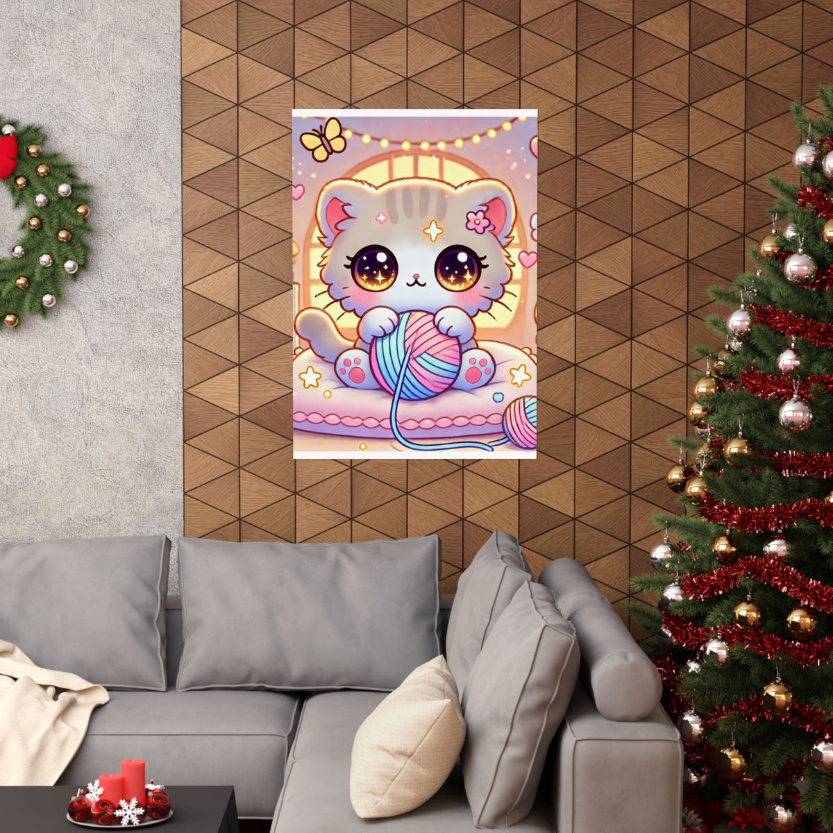 Cozy Kawaii Knitting Cat Pastel Yarn Wall Art Poster