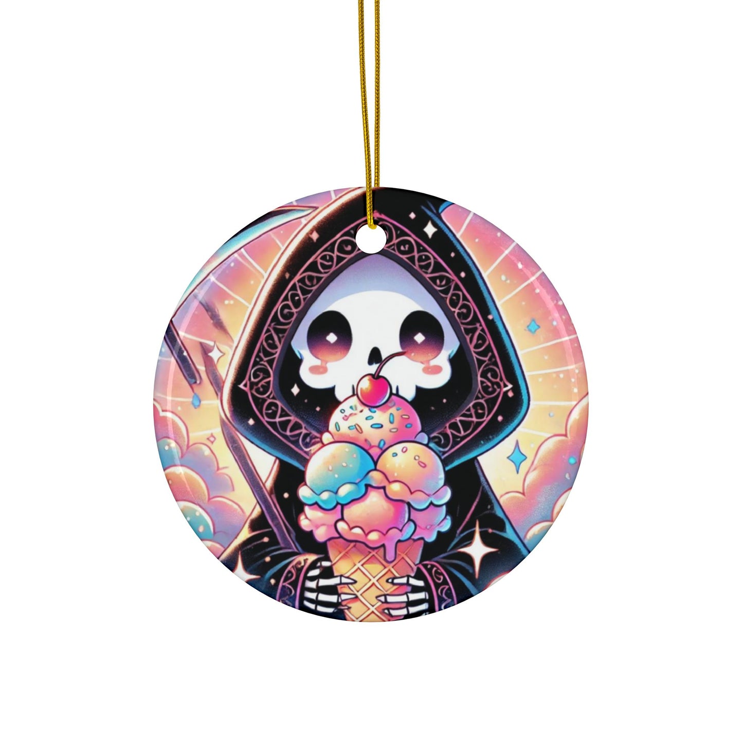 Cute Grim Reaper Ice Cream Pastel Novelty Art Ceramic Ornament, Holiday Keepsake