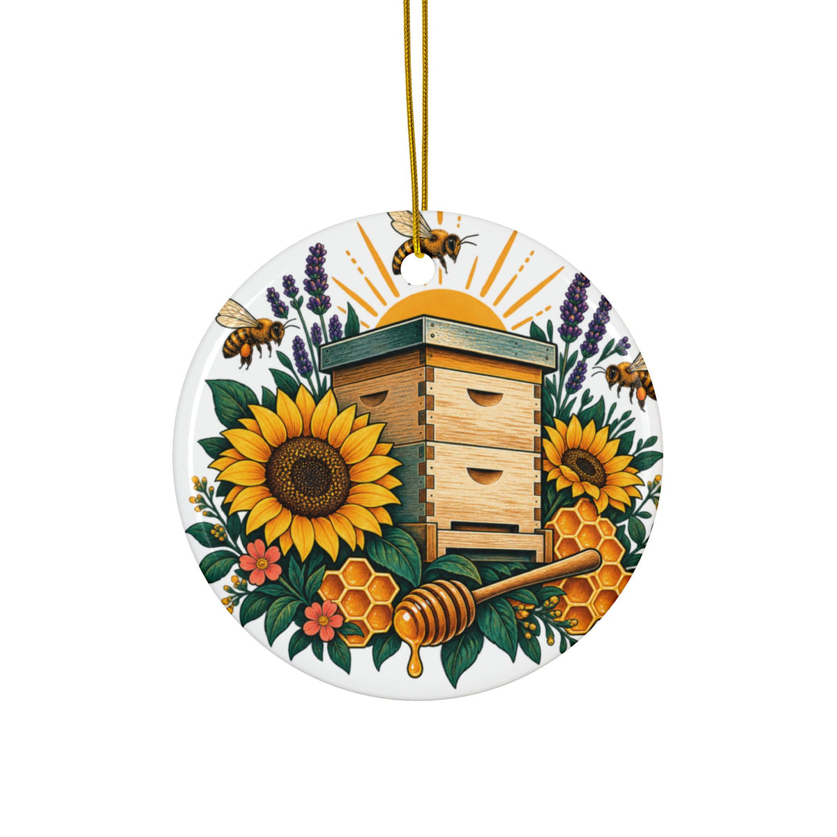 Retro Beehive Sunflowers and Pollinator Garden Art Ceramic Ornament, Holiday Kee