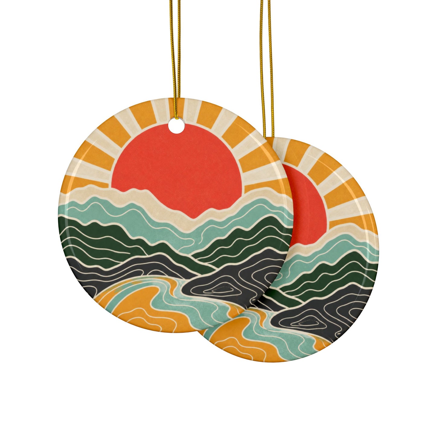 Topographic Sunrise Mid Century Mountain Adventure Art Ceramic Ornament, Holiday