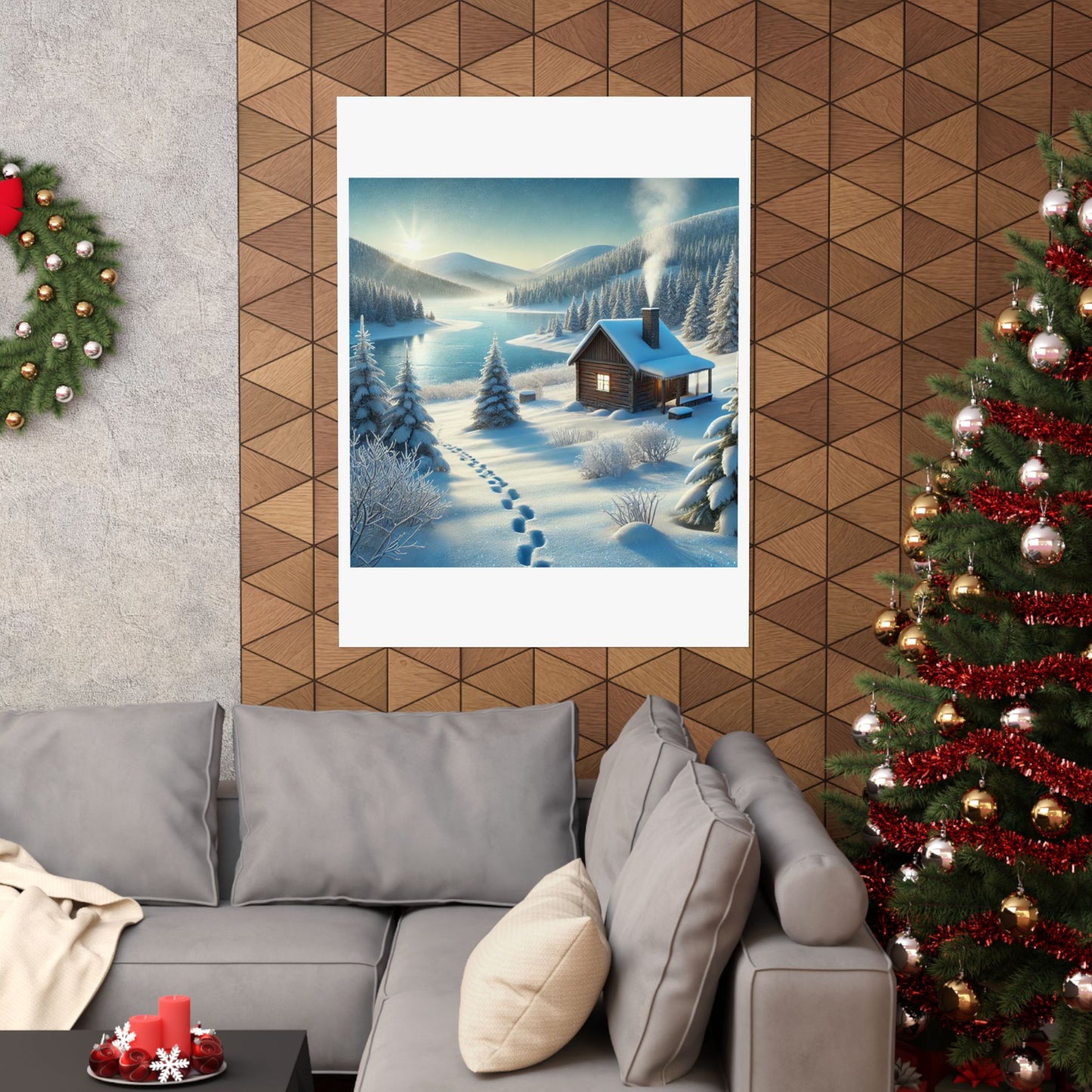Snowy Cabin Winter Lake Landscape Art Poster