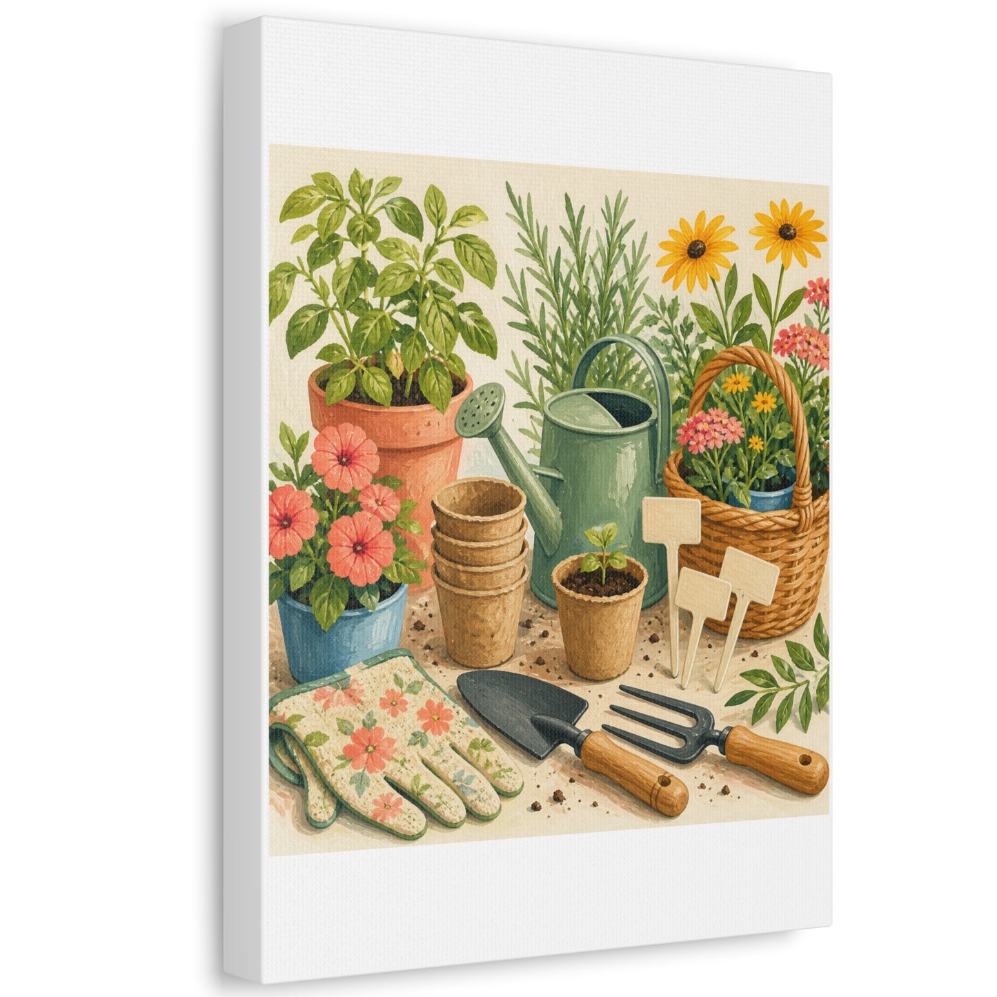 Colorful Gardening Tools and Flowers Canvas Art