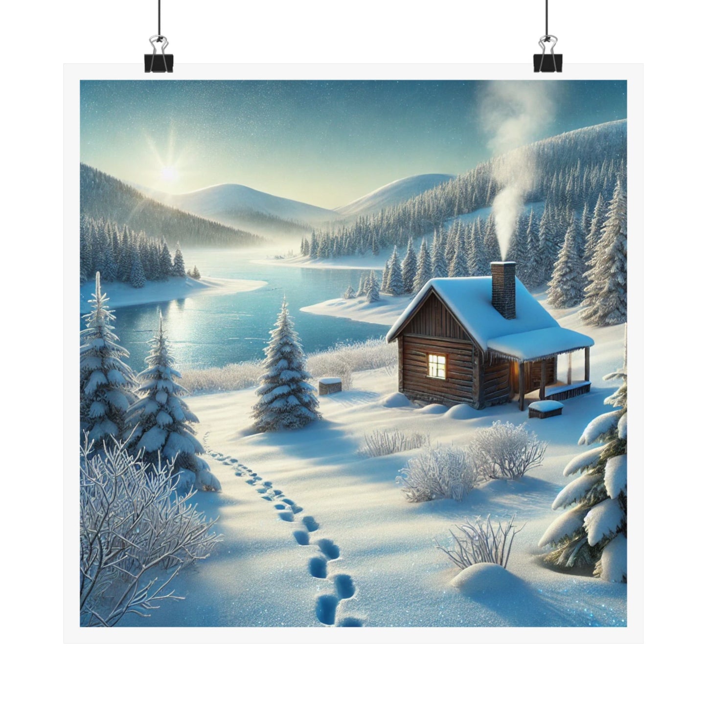 Snowy Cabin Winter Lake Landscape Art Poster