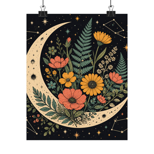 Celestial Wildflower Crescent Moon Botanical Art Poster