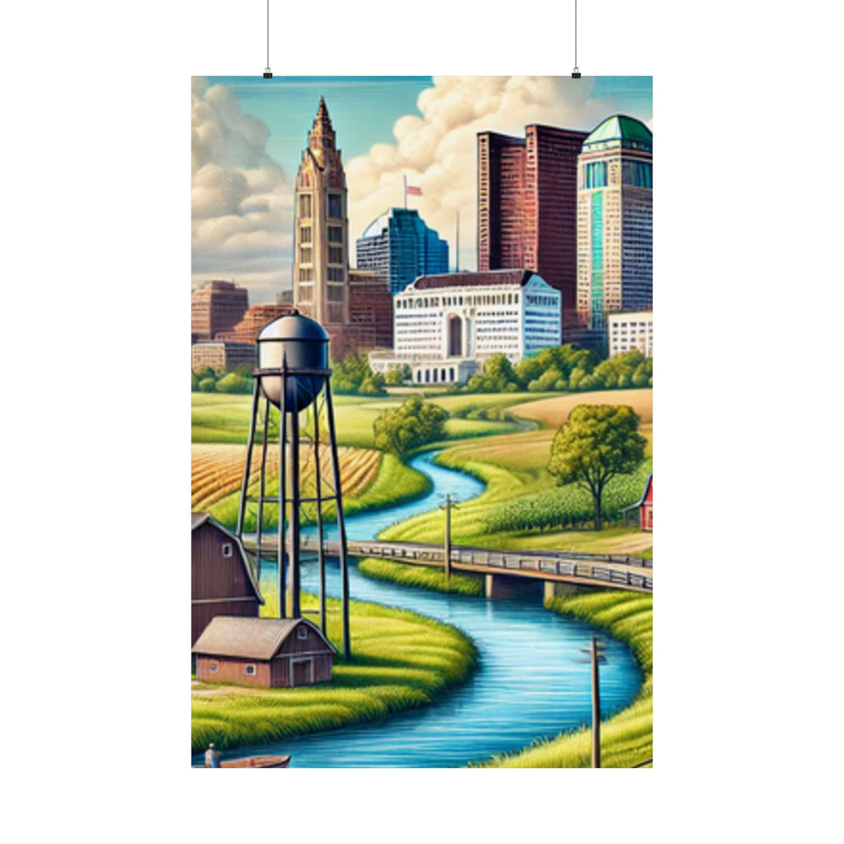 Rural River City Skyline Hometown Landscape Poster Art