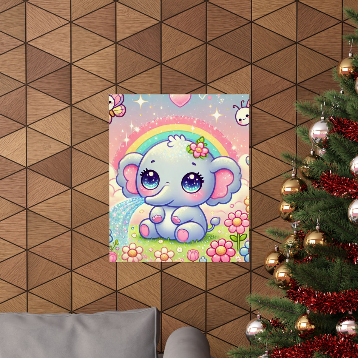 Pastel Rainbow Baby Elephant Floral Wall Art Poster