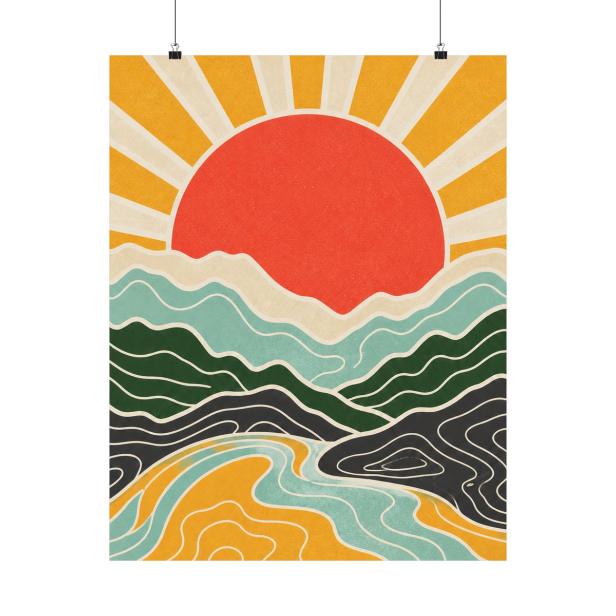 Topographic Sunrise Mid Century Mountain Art Poster