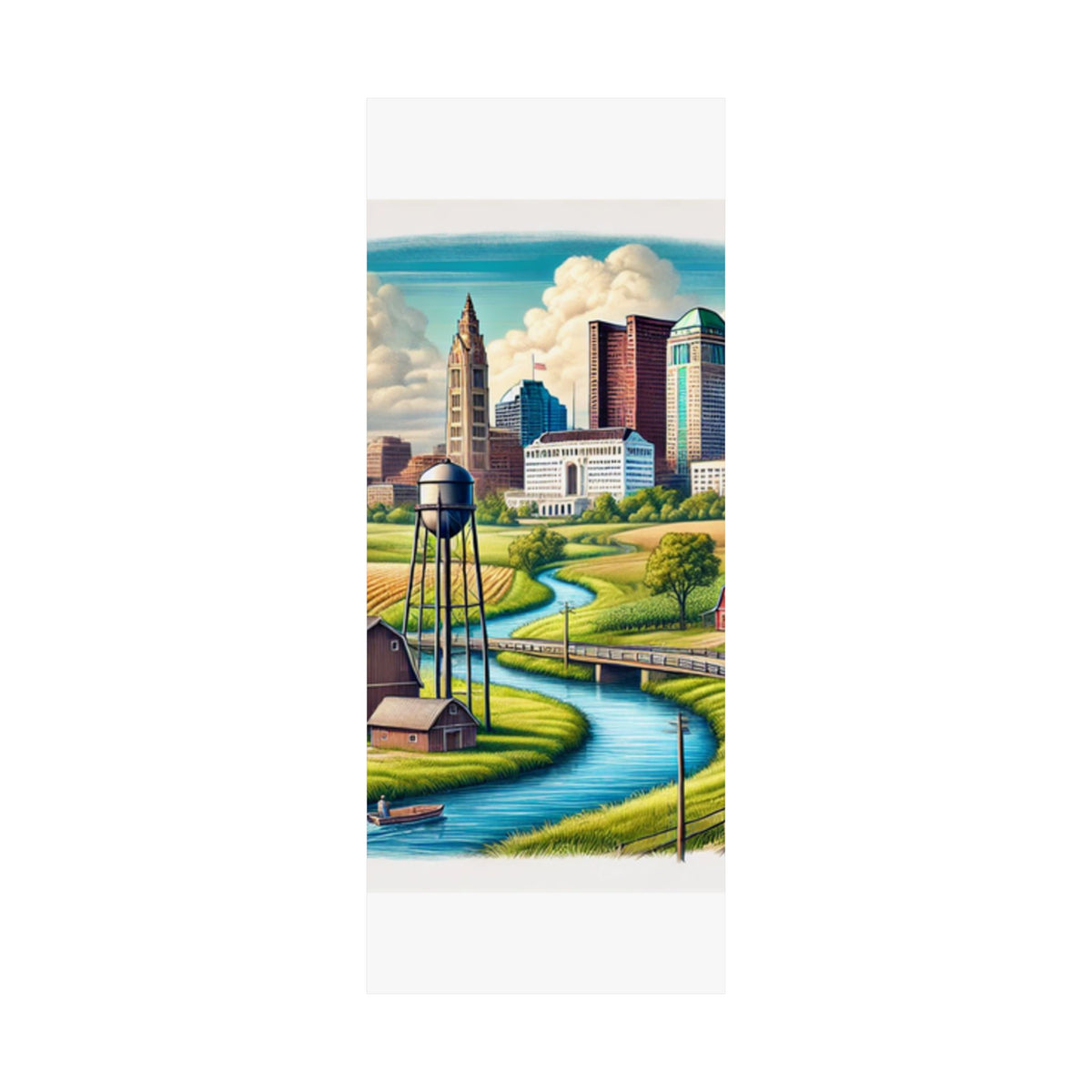 Rural River City Skyline Hometown Landscape Poster Art