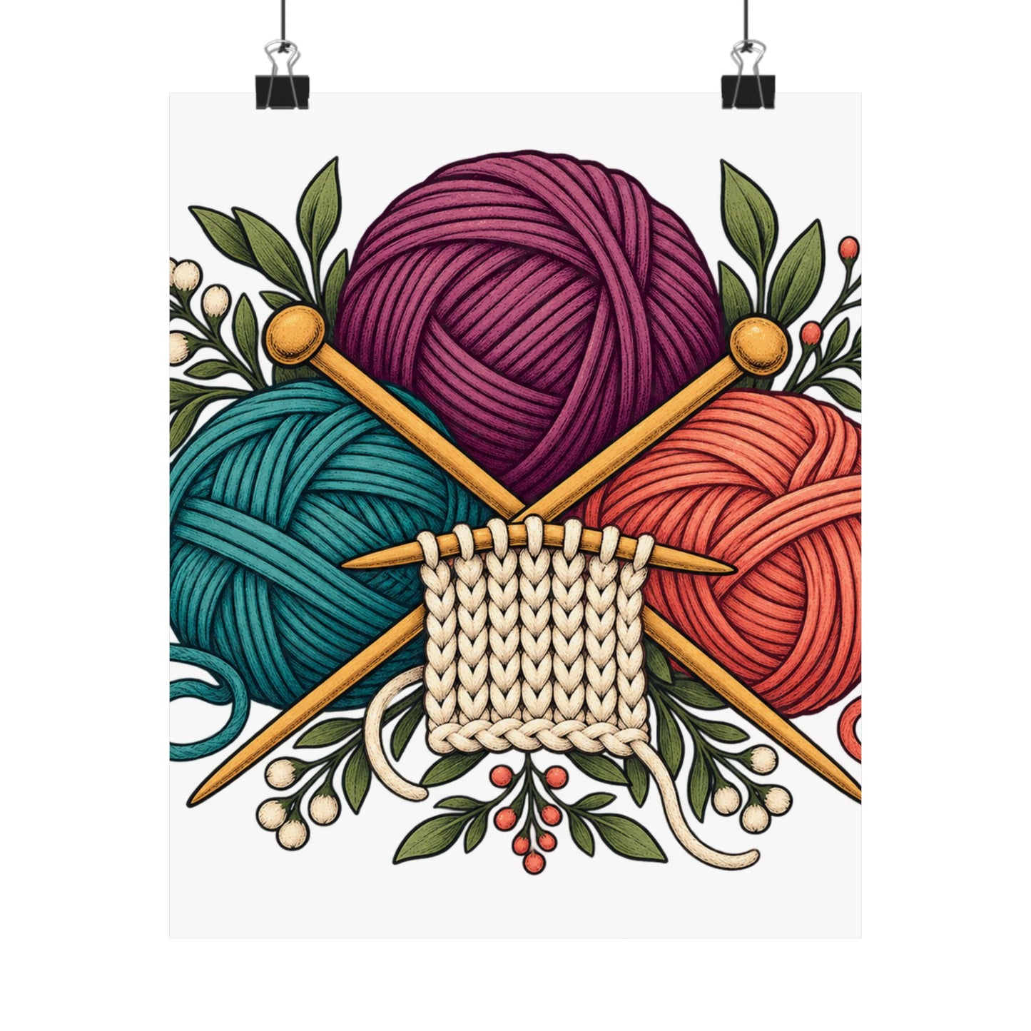 Retro Yarn and Knitting Botanical Art Poster